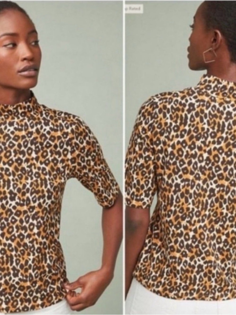 Anthropologie leopard Print Mock Neck Short Sleeve Top - Brown